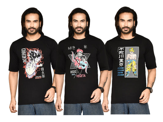 RAPL BHARAT Men's Casual Regular Fit Anime Print Tshirt for Men With Round Neck I Comfortable & Breathable Printed Half Sleeve T-shirt Combo for Men | Color - Black/ Multi