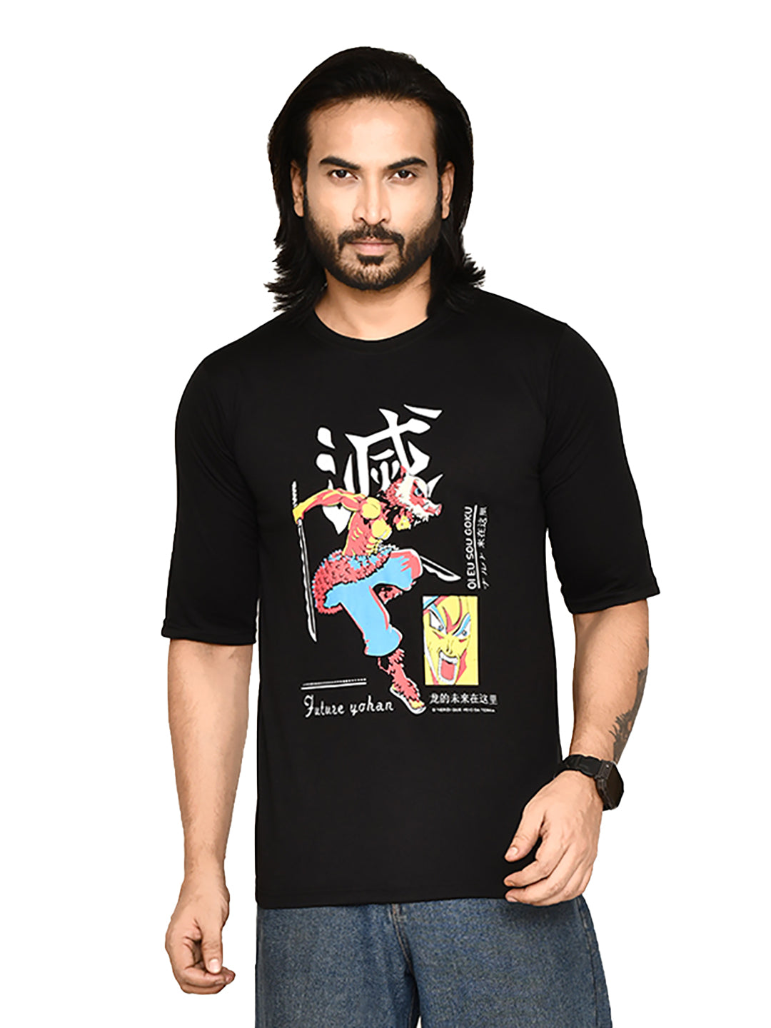 RAPL BHARAT Men's Combo Casual Regular Fit Printed Round Neck Cotton Fabric Black T-shirt with Half Sleeve I Comfortable & Breathable Anime Printed T-shirt Combo for Men | Color-Black / Multi