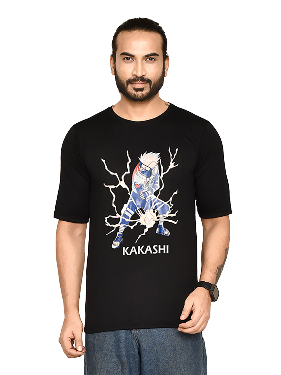 RAPL BHARAT Men's Casual Regular Fit Printed Round Neck Cotton T-shirt Combo with Short Sleeve I Comfortable & Breathable Anime Printed T-shirt for Men | Color - Black / Multi (Pack of 4)