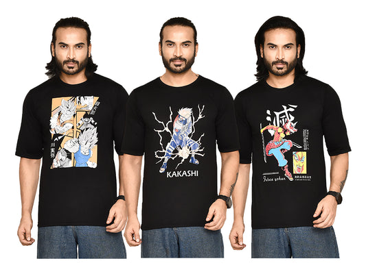 RAPL BHARAT Men's Combo Casual Regular Fit Printed Round Neck Cotton Fabric T-shirt with Half Sleeve I Comfortable & Breathable Anime Printed T-shirt | Color-Black / Multicolor