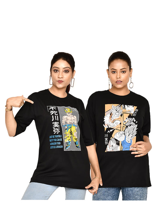 RAPL BHARAT Women's Casual Regular Fit Printed Round Neck Cotton Black T-shirt with Short Sleeve I Comfortable and Breathable Graphic Anime Print T-shirt Combo for Women | Color - Black / Multi