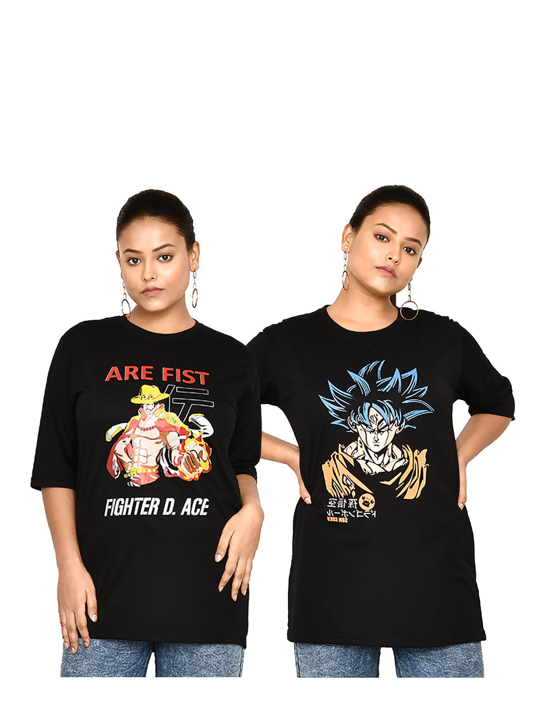 RAPL BHARAT Women's Casual Regular Fit Anime Printed Round Neck Cotton T-shirt with Half Sleeve I Comfortable and Breathable Graphic Printed T-shirt Combo of 2 for Women | Color - Black / Multi