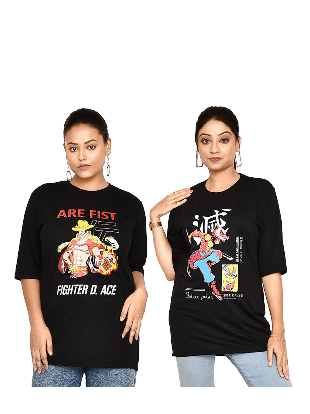 RAPL BHARAT Women's Casual Regular Fit Printed Round Neck Cotton Black T-shirt with Half Sleeve I Comfortable and Breathable Graphic Anime Print T-shirt Combo of 2 for Women | Color - Black/ Multi