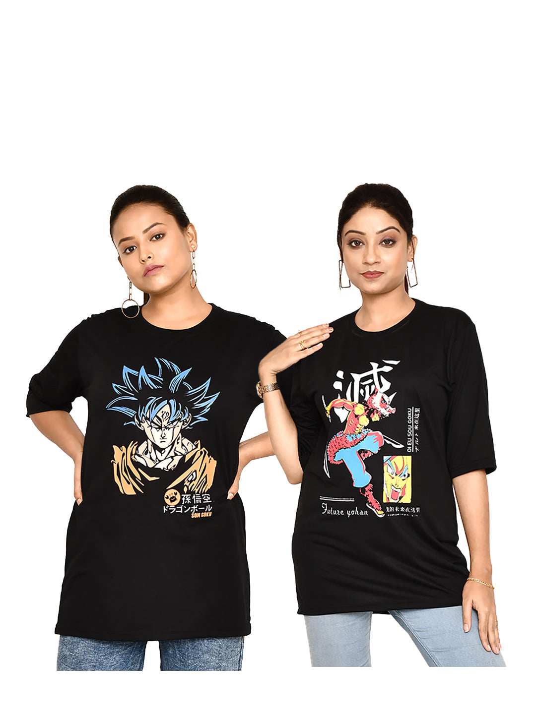 RAPL BHARAT Women's Casual Regular Fit Anime Printed Tshirt for Women With Round Neck I Comfortable & Breathable Printed Half Sleeve T-shirt Combo of 2 for Women | Color- Black / Multi