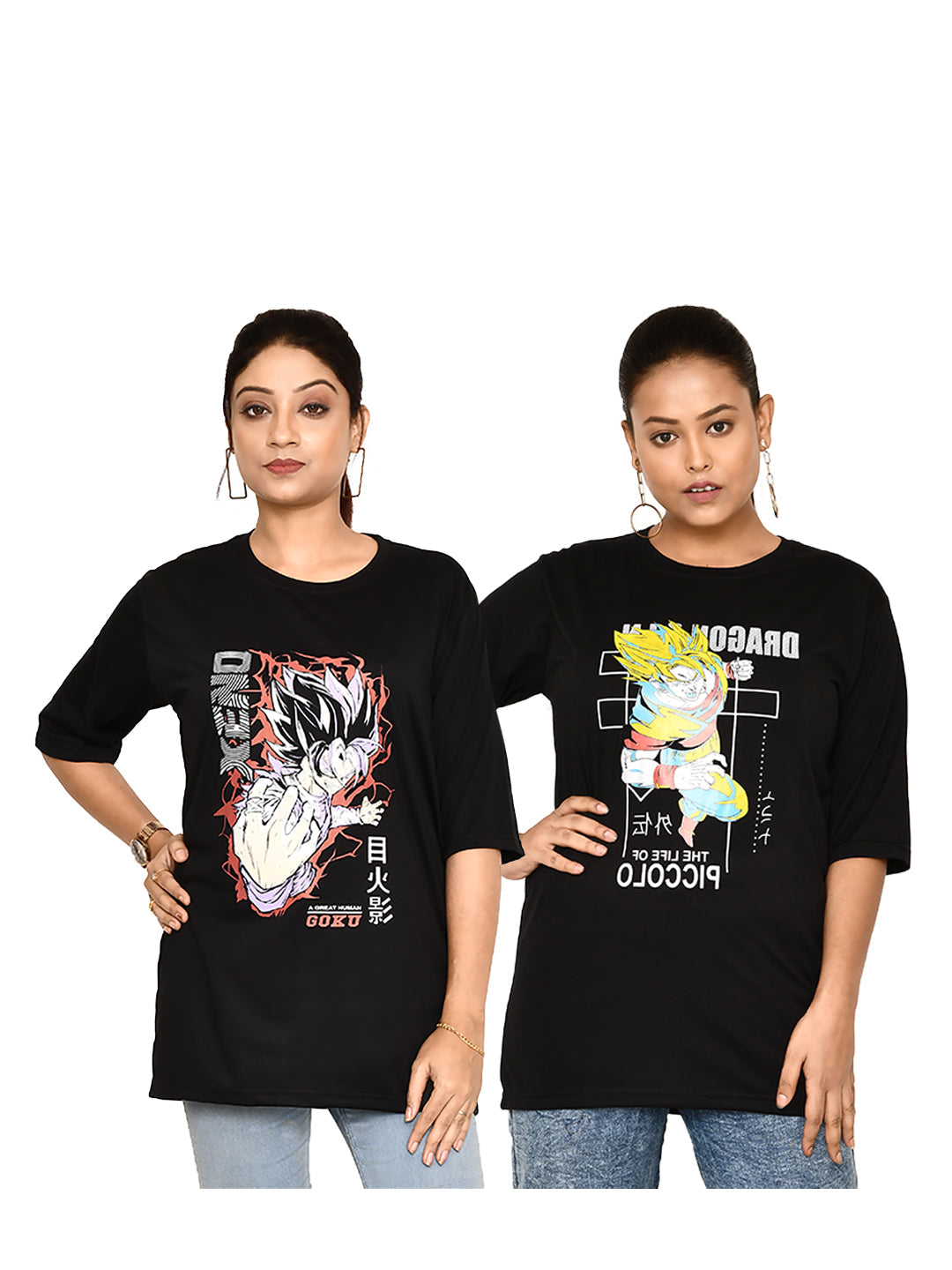 RAPL BHARAT Women's Casual Printed Round Neck Cotton Fabric Black T-shirt with Half Sleeve I Comfortable and Breathable Anime Printed Tshirt Combo of 2 for Women | Color- Black/ Multicolor