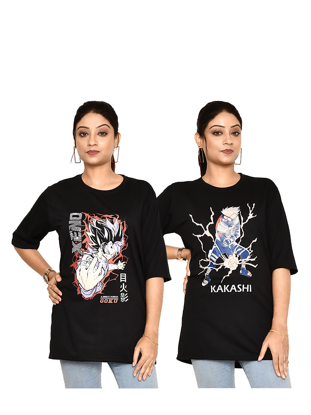 RAPL BHARAT Women's Casual Anime Print Round Neck Cotton T-shirt I Comfy Regular fit Graphic Printed T-shirt Combo of 2 for Women | Color - Black/ Multi