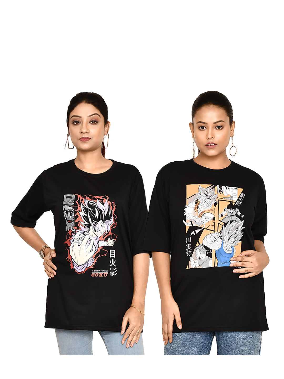 RAPL BHARAT Women's Casual Anime Print Round Neck Cotton T-shirt I Comfy Regular fit Graphic Printed T-shirt Combo of 2 for Girls | Color - Black/ Multi