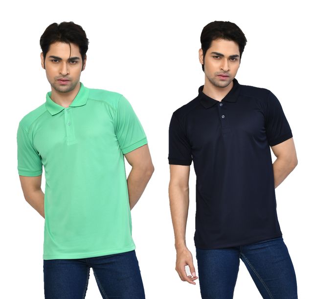 Men's Casual Regular Fit Solid Tshirts combo I Collared Neck I Half Sleeve Polo T-shirts  - Light Green & Navy Blue