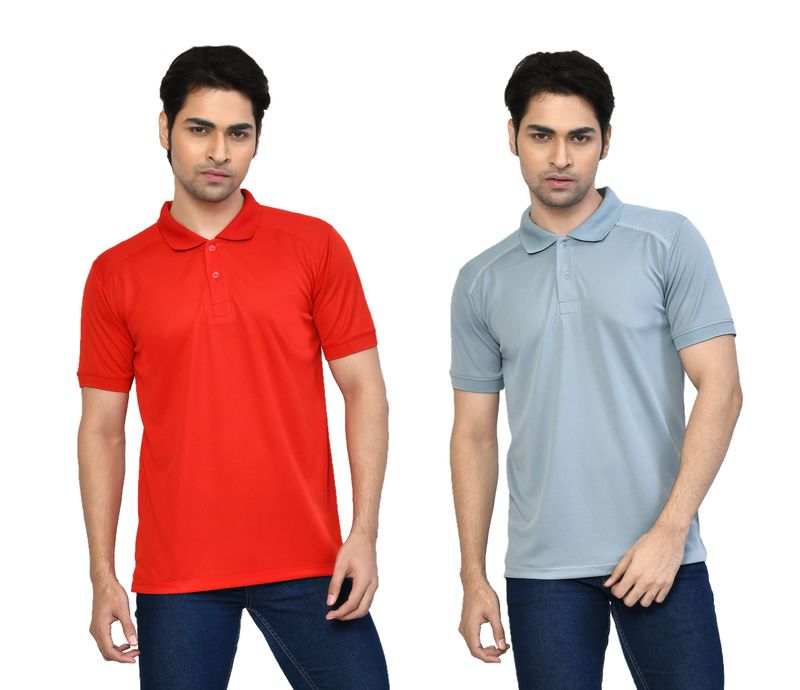 Men's Casual Regular Fit Solid Tshirts combo I Collared Neck I Half Sleeve Polo T-shirts  - Light Grey & Berry Red