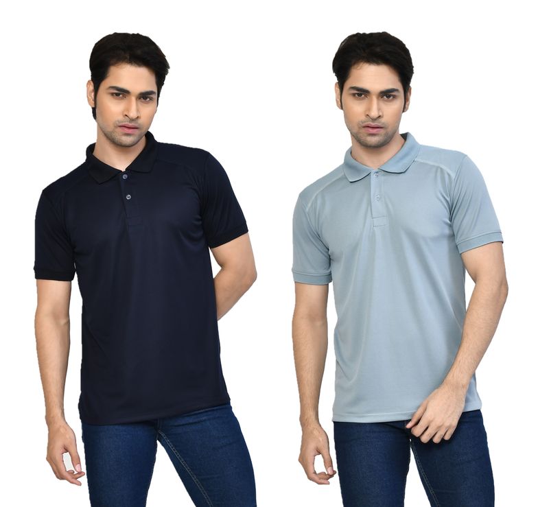 Men's Casual Regular Fit Solid Tshirts combo I Collared Neck I Half Sleeve Polo T-shirts  - Navy Blue & Light Grey