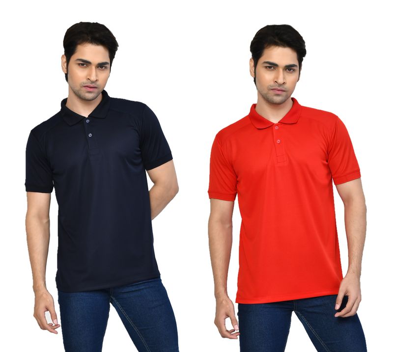 Men's Casual Regular Fit Solid Tshirts combo I Collared Neck I Half Sleeve Polo T-shirts  - Navy Blue & Red