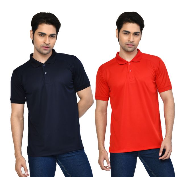 Men's Casual Regular Fit Solid Tshirts combo I Collared Neck I Half Sleeve Polo T-shirts  - Navy Blue & Berry Red