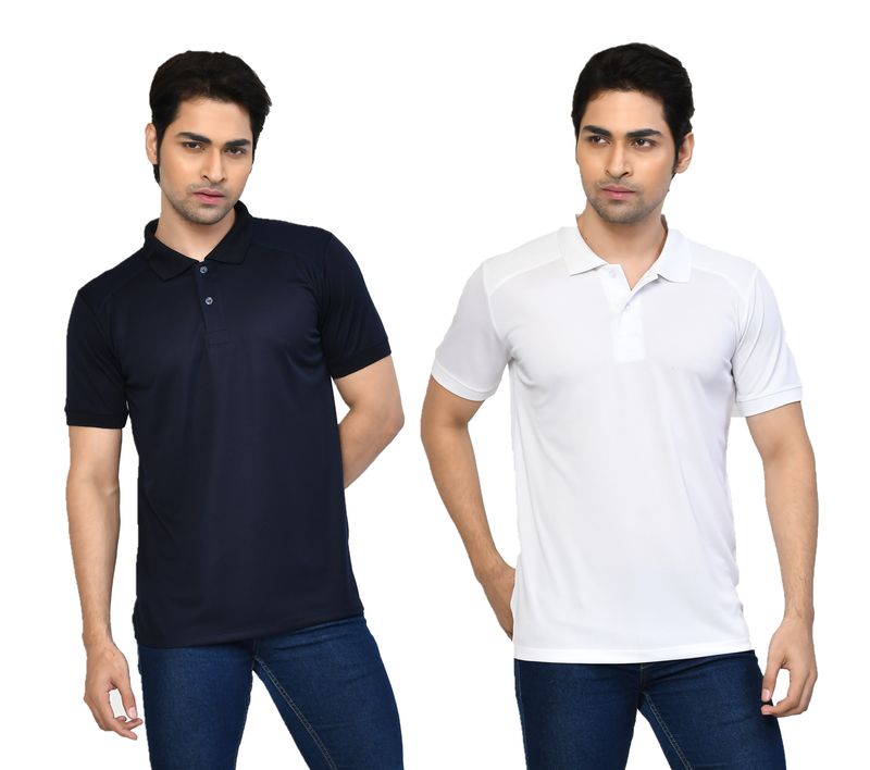 Men's Casual Regular Fit Solid Tshirts combo I Collared Neck I Half Sleeve Polo T-shirts  - Navy Blue & White