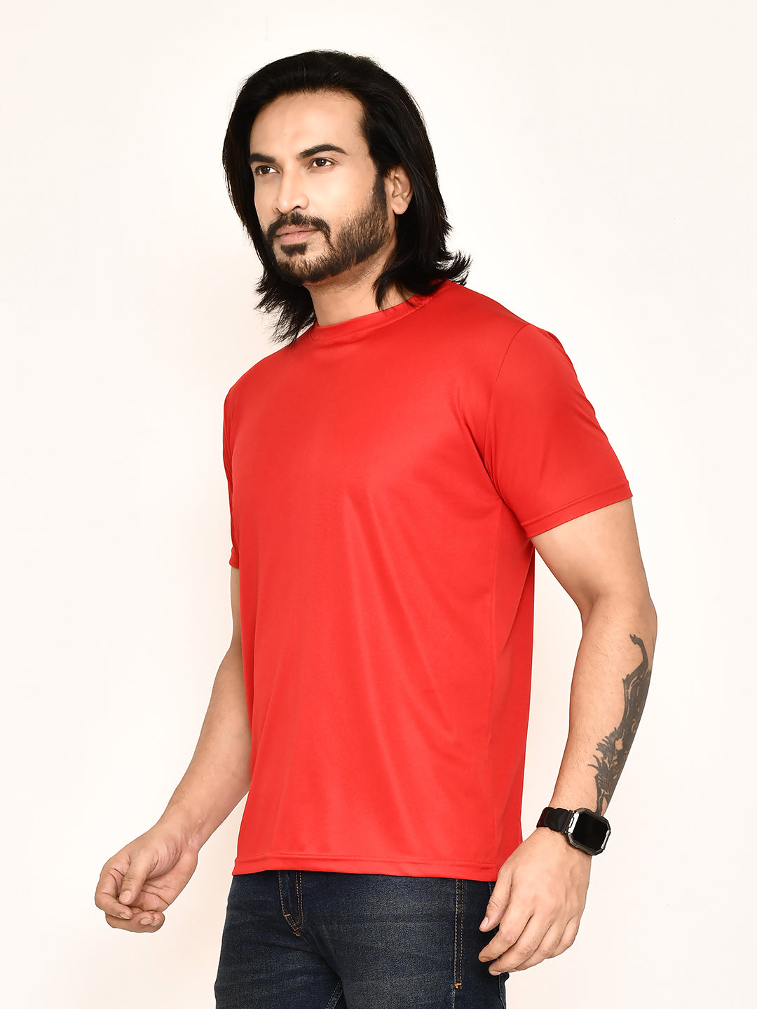 RAPL BHARAT Men's Casual Regular Fit Solid Pattern Round Neck Polyester T-shirt with Half Sleeve I Comfortable and Breathable Western Outfit (Color - Red)