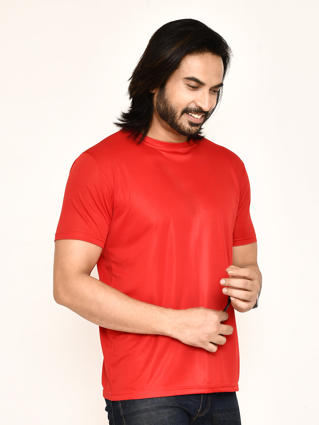 RAPL BHARAT Men's Casual Regular Fit Solid Pattern Round Neck Polyester T-shirt with Half Sleeve I Comfortable and Breathable Western Outfit (Color - Red)