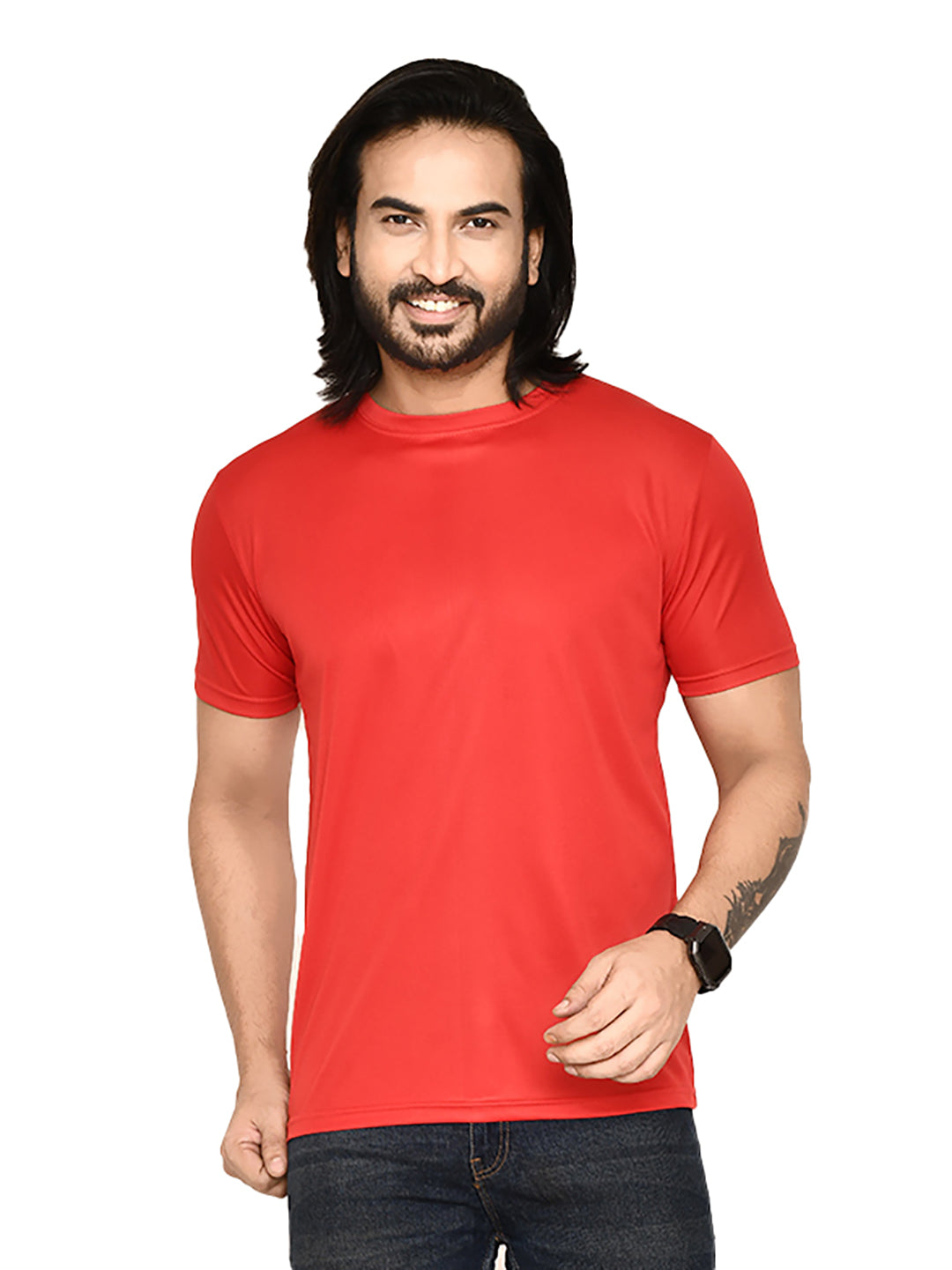 RAPL BHARAT Men's Casual Regular Fit Solid Pattern Round Neck Polyester T-shirt with Half Sleeve I Comfortable and Breathable Western Outfit (Color - Red)