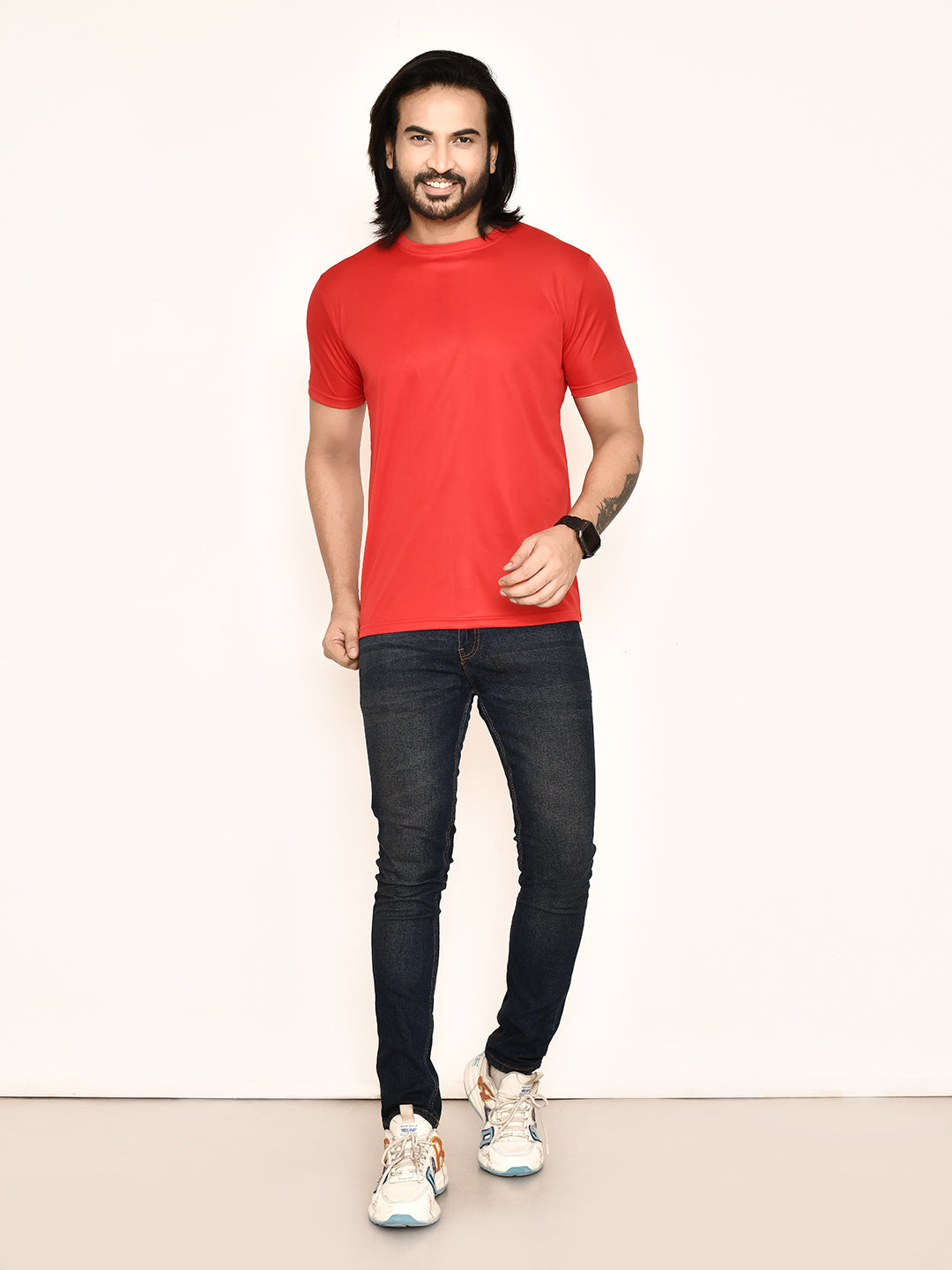 RAPL BHARAT Men's Casual Regular Fit Solid Pattern Round Neck Polyester T-shirt with Half Sleeve I Comfortable and Breathable Western Outfit (Color - Red)