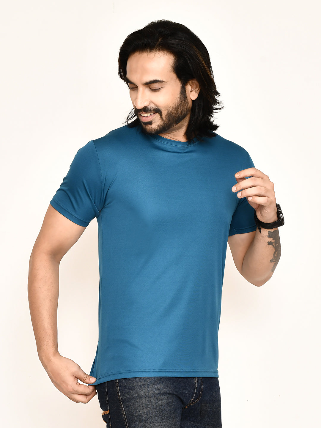 RAPL BHARAT Men's Casual Regular Fit Solid Pattern Round Neck Polyester T-shirt with Half Sleeve I Comfortable and Breathable Western Outfit (Color - Airforce)