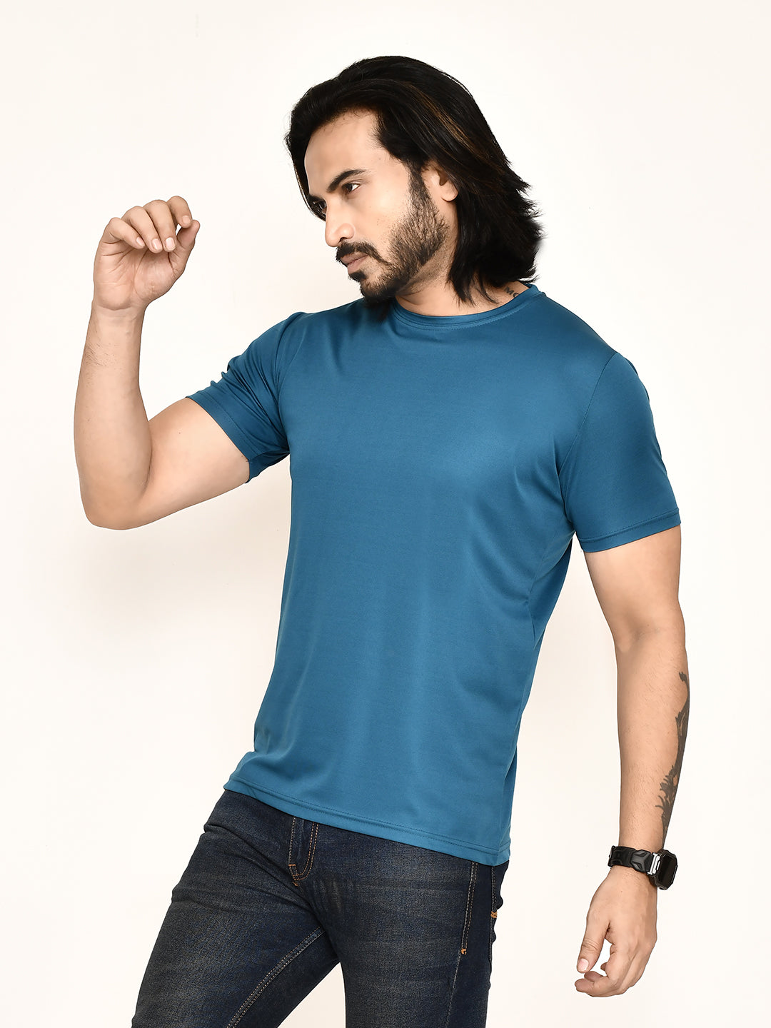 RAPL BHARAT Men's Casual Regular Fit Solid Pattern Round Neck Polyester T-shirt with Half Sleeve I Comfortable and Breathable Western Outfit (Color - Airforce)