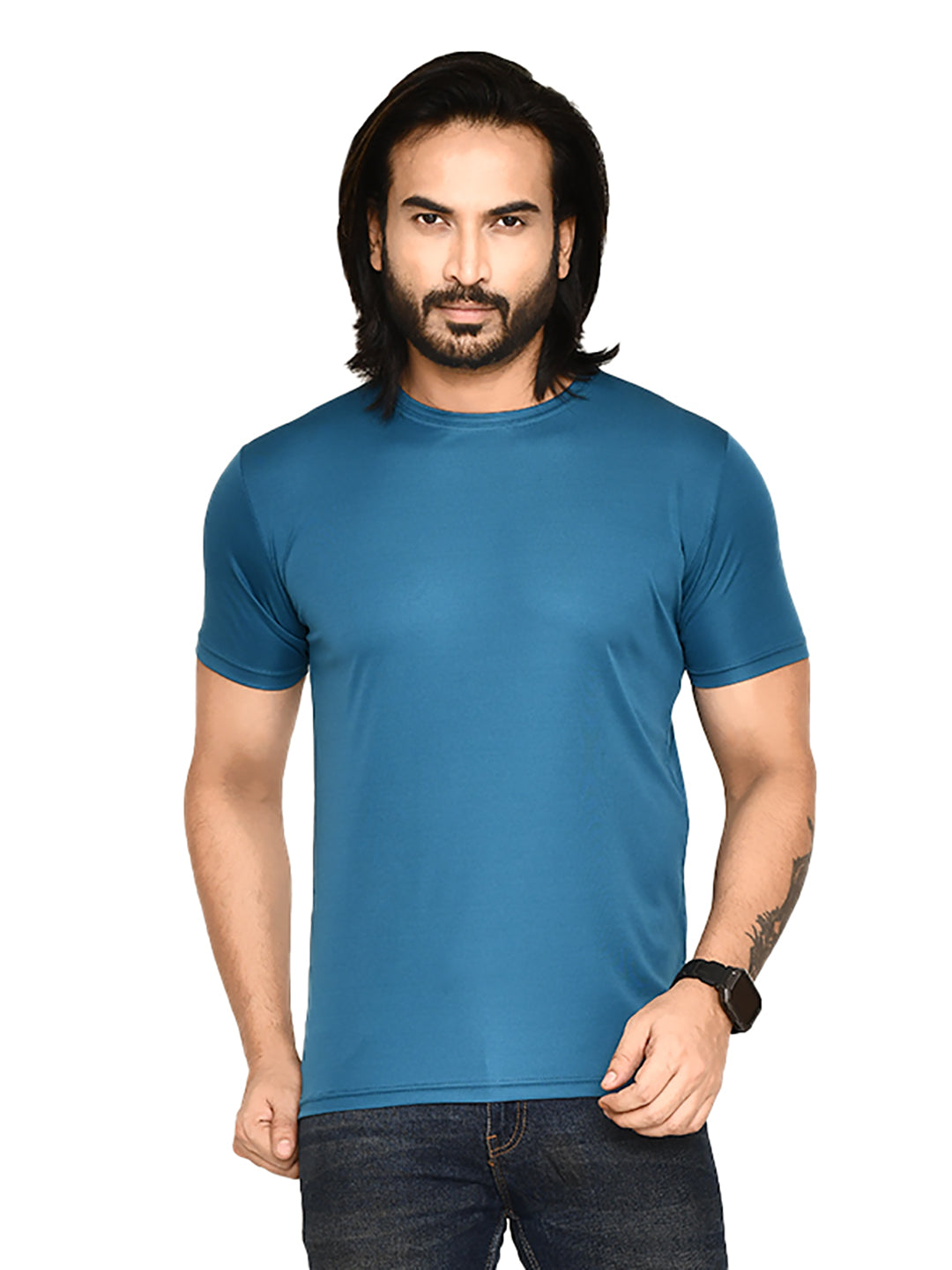 RAPL BHARAT Men's Casual Regular Fit Solid Pattern Round Neck Polyester T-shirt with Half Sleeve I Comfortable and Breathable Western Outfit (Color - Airforce)