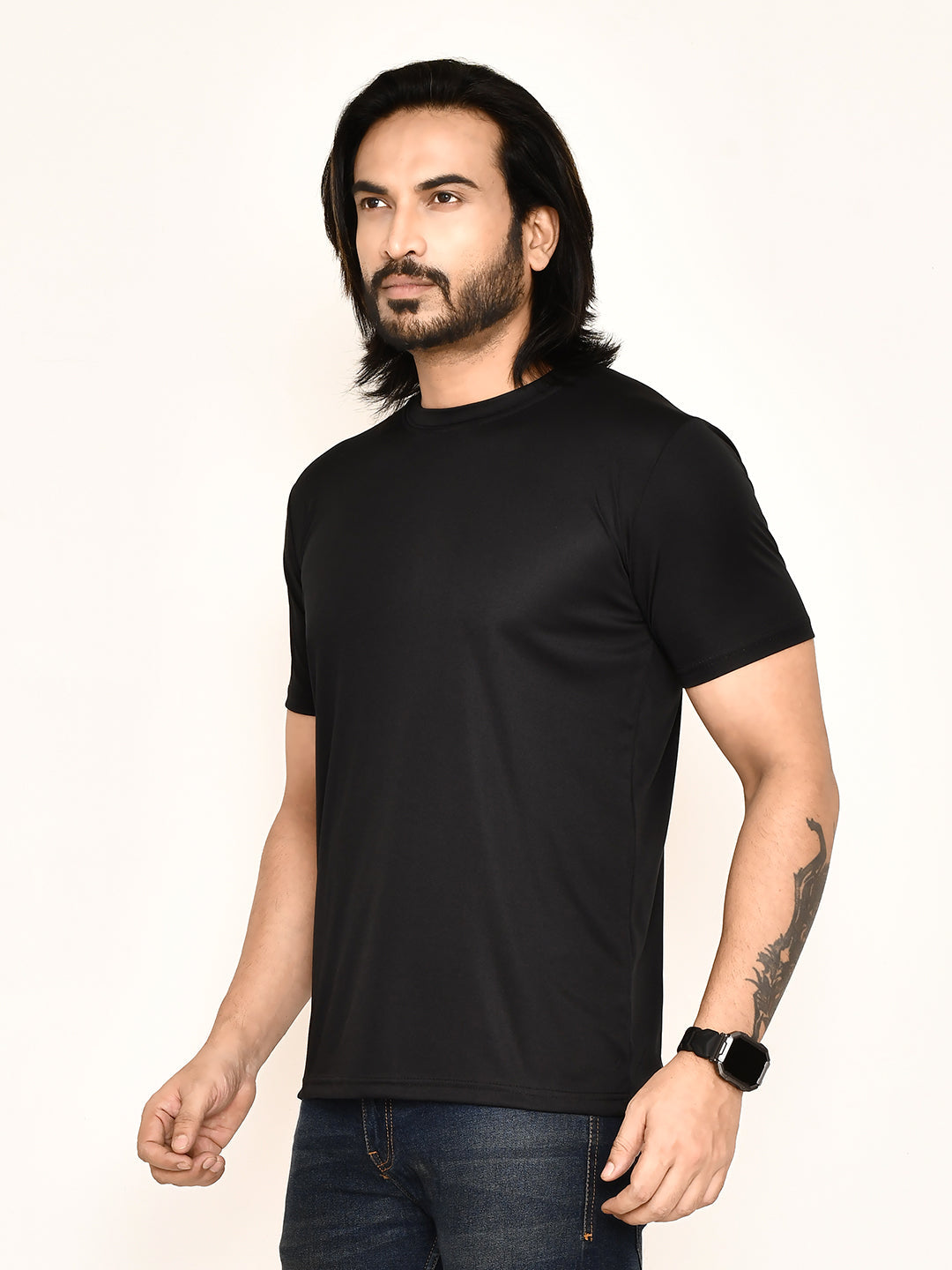 RAPL BHARAT Men's Casual Regular Fit Solid Pattern Round Neck Polyester T-shirt with Half Sleeve I Comfortable and Breathable Western Outfit (Color - Black)