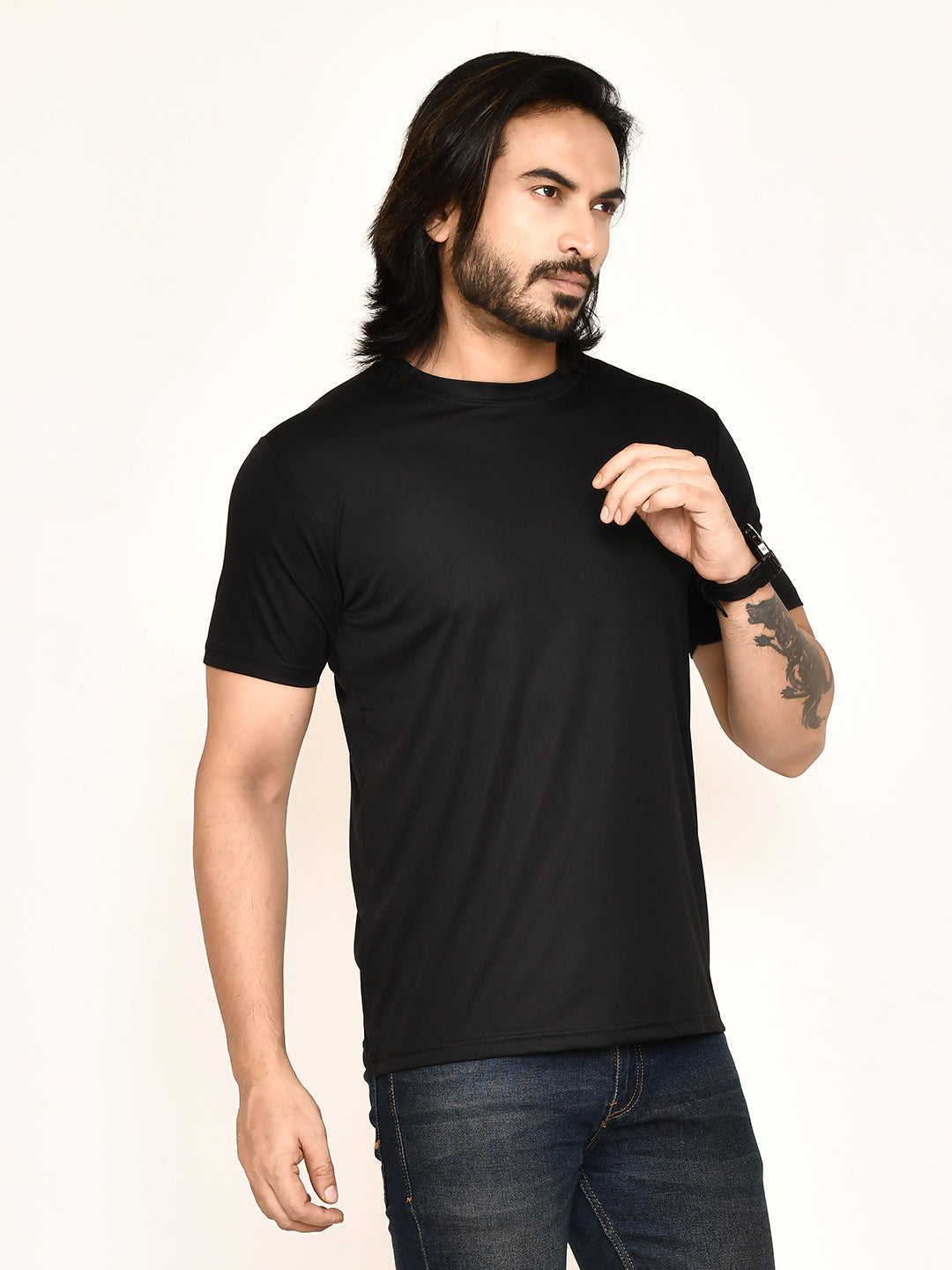 RAPL BHARAT Men's Casual Regular Fit Solid Pattern Round Neck Polyester T-shirt with Half Sleeve I Comfortable and Breathable Western Outfit (Color - Black)