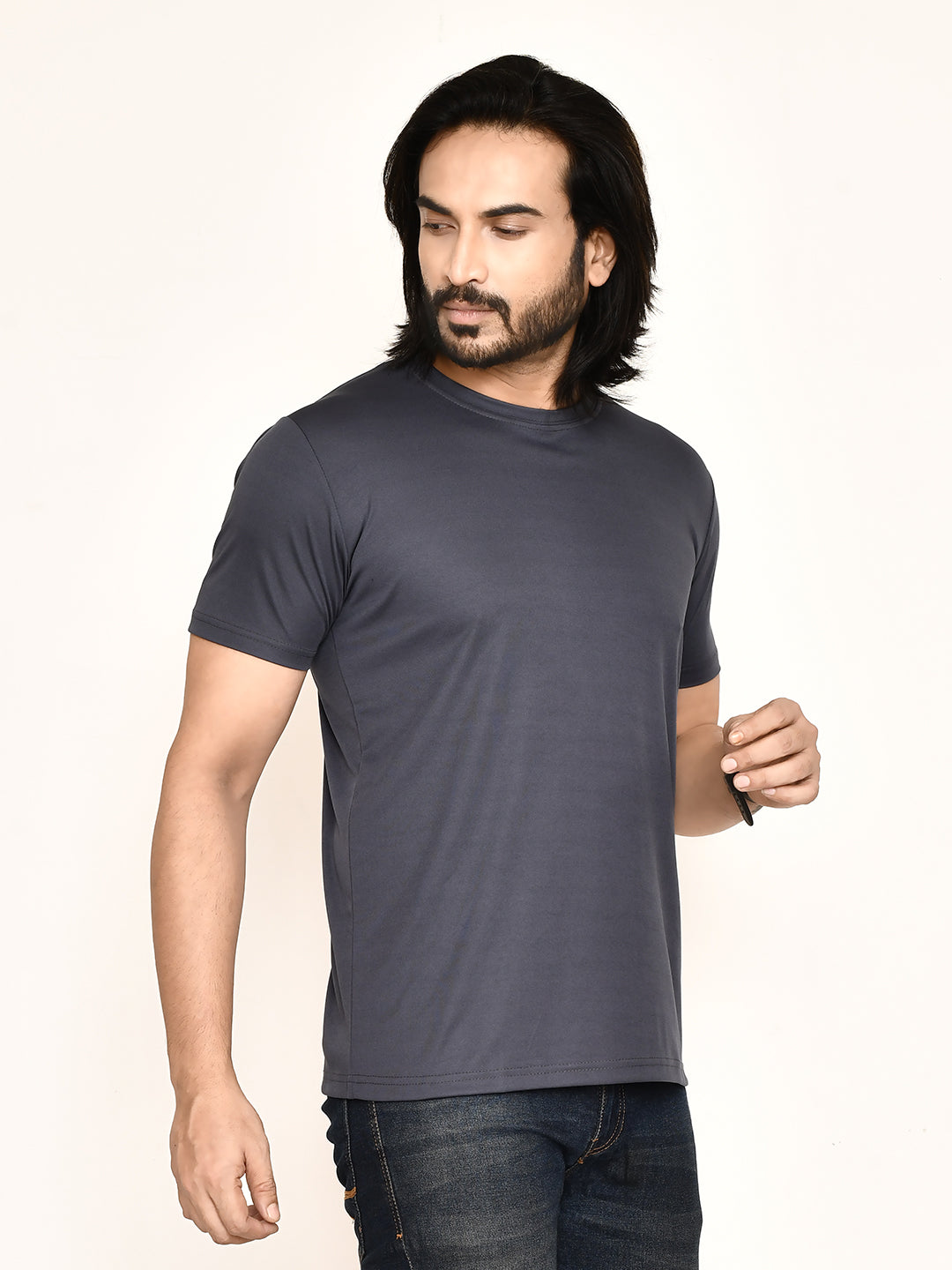 RAPL BHARAT Men's Casual Regular Fit Solid Pattern Round Neck Polyester T-shirt with Half Sleeve I Comfortable and Breathable Western Outfit (Color - Dark grey)