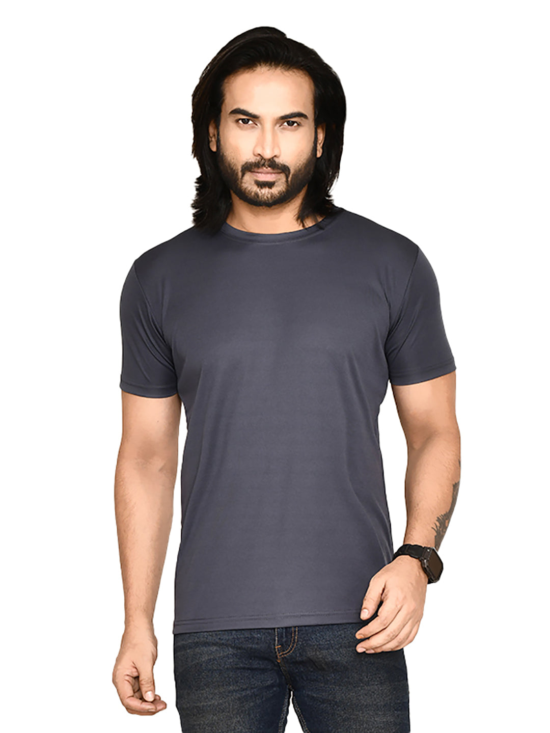 RAPL BHARAT Men's Casual Regular Fit Solid Pattern Round Neck Polyester T-shirt with Half Sleeve I Comfortable and Breathable Western Outfit (Color - Dark grey)