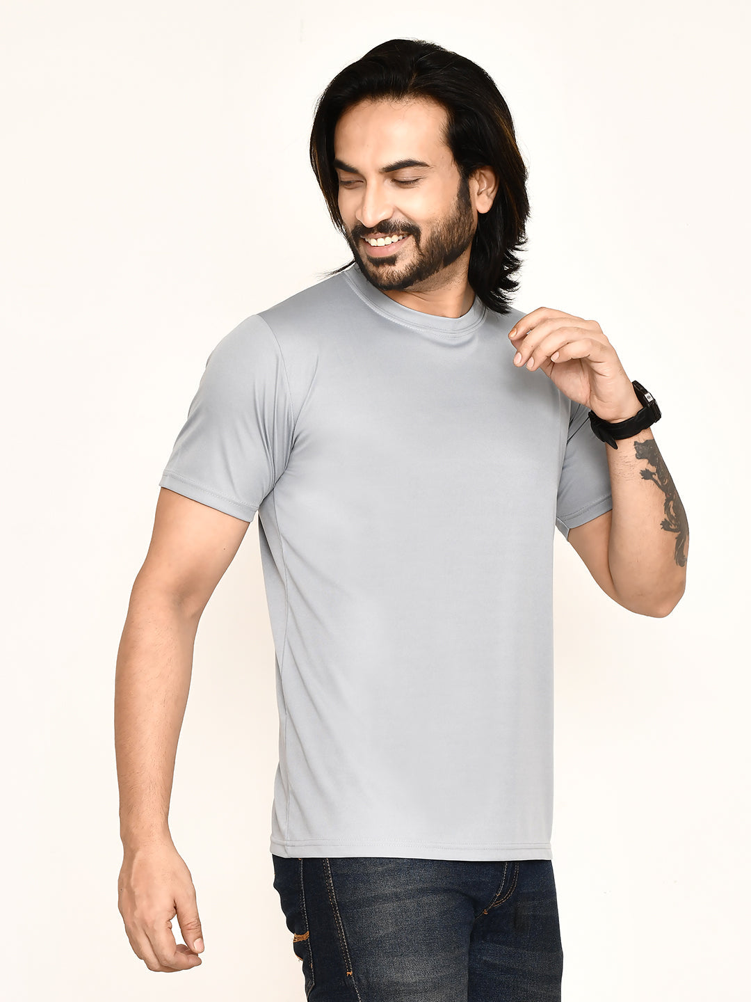 RAPL BHARAT Men's Casual Regular Fit Solid Pattern Round Neck Polyester T-shirt with Half Sleeve I Comfortable and Breathable Western Outfit (Color - Grey)