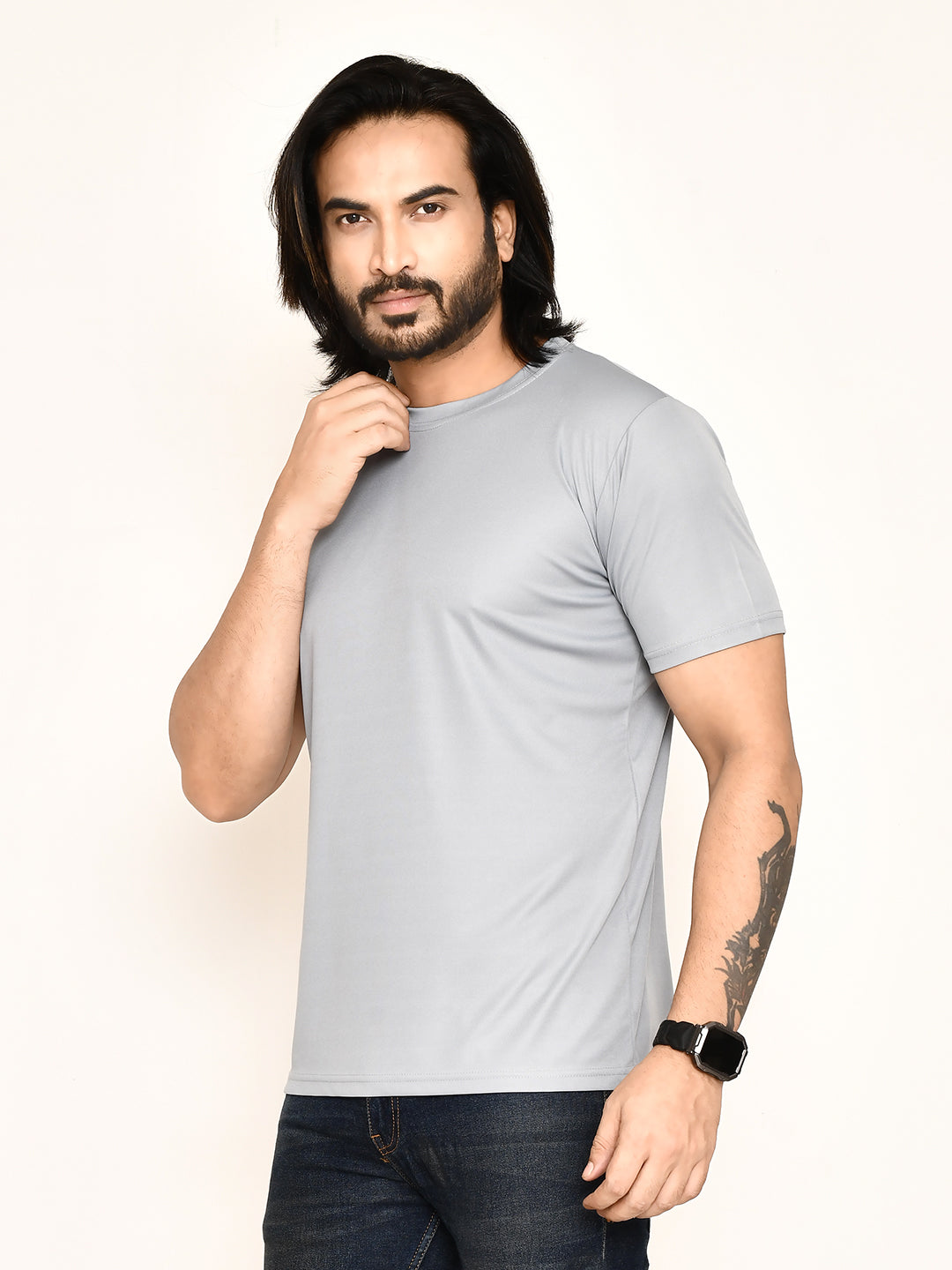 RAPL BHARAT Men's Casual Regular Fit Solid Pattern Round Neck Polyester T-shirt with Half Sleeve I Comfortable and Breathable Western Outfit (Color - Grey)