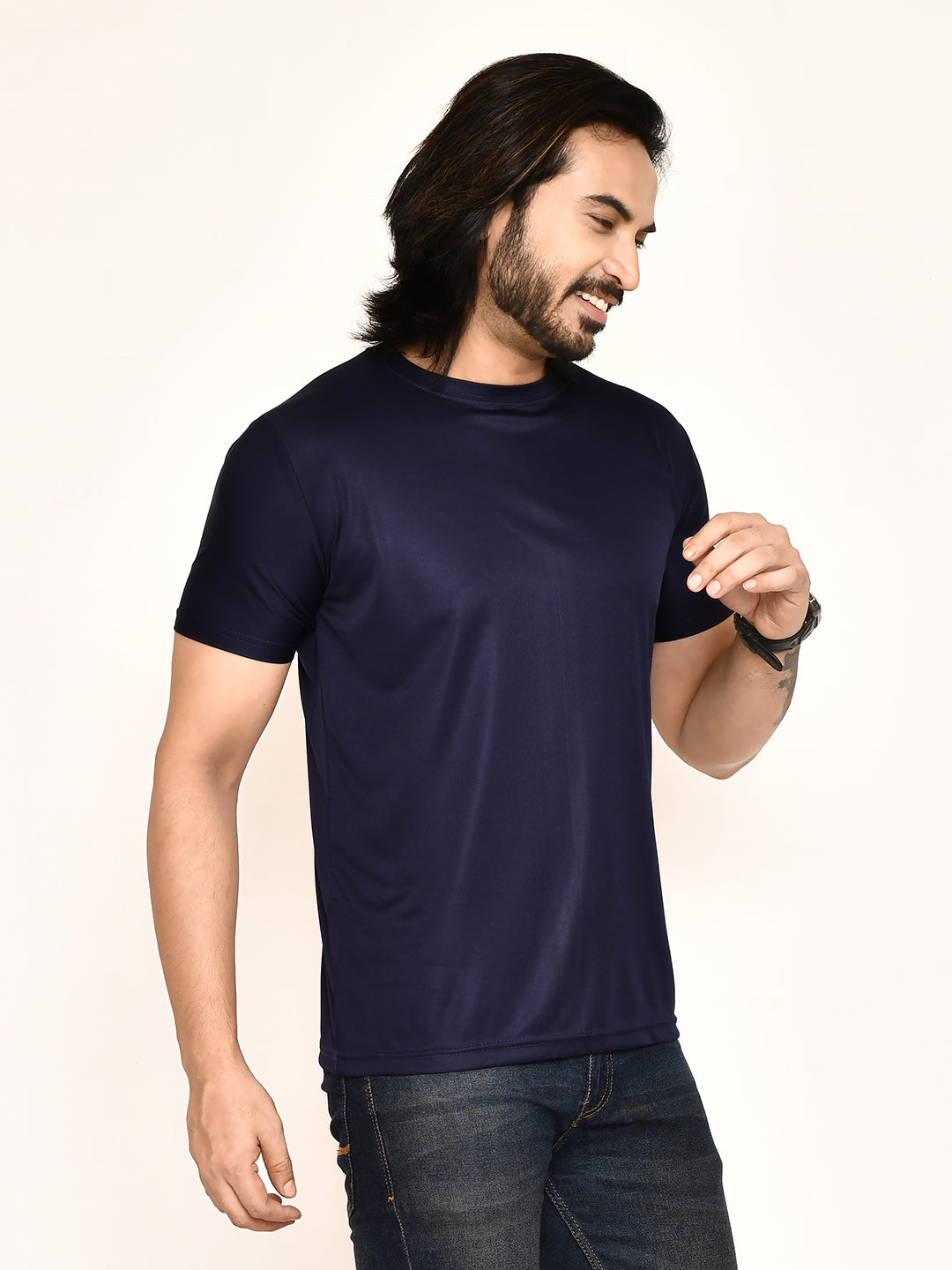 RAPL BHARAT Men's Casual Regular Fit Solid Pattern Round Neck Polyester T-shirt with Half Sleeve I Comfortable and Breathable Western Outfit (Color - Navy)