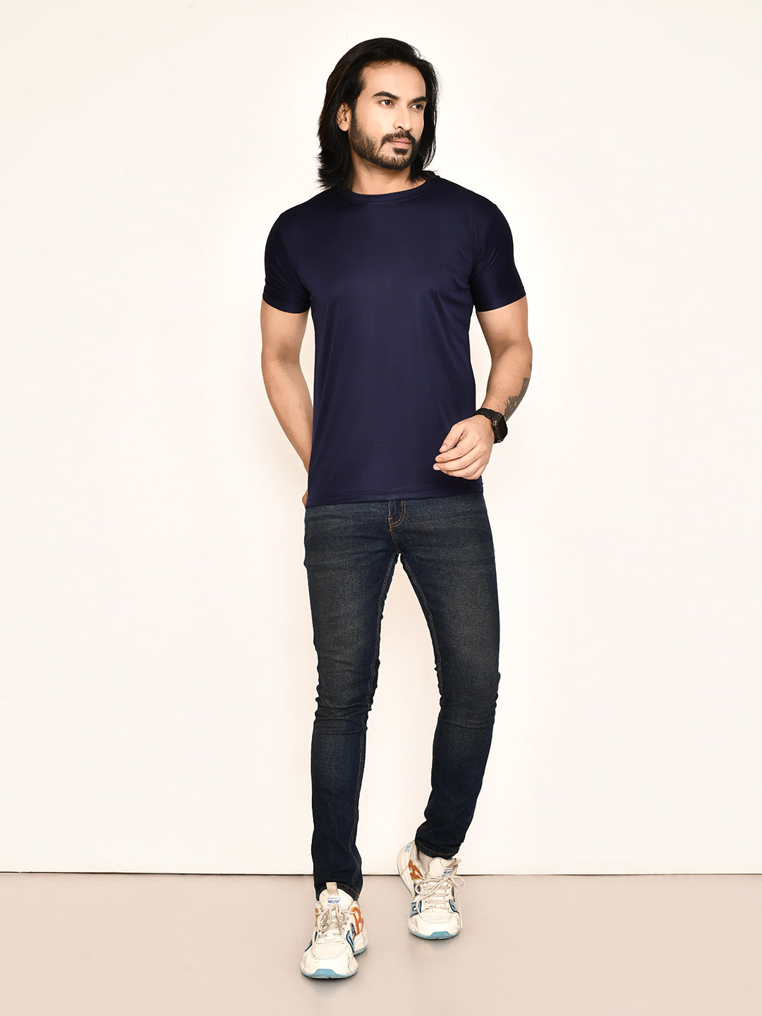 RAPL BHARAT Men's Casual Regular Fit Solid Pattern Round Neck Polyester T-shirt with Half Sleeve I Comfortable and Breathable Western Outfit (Color - Navy)