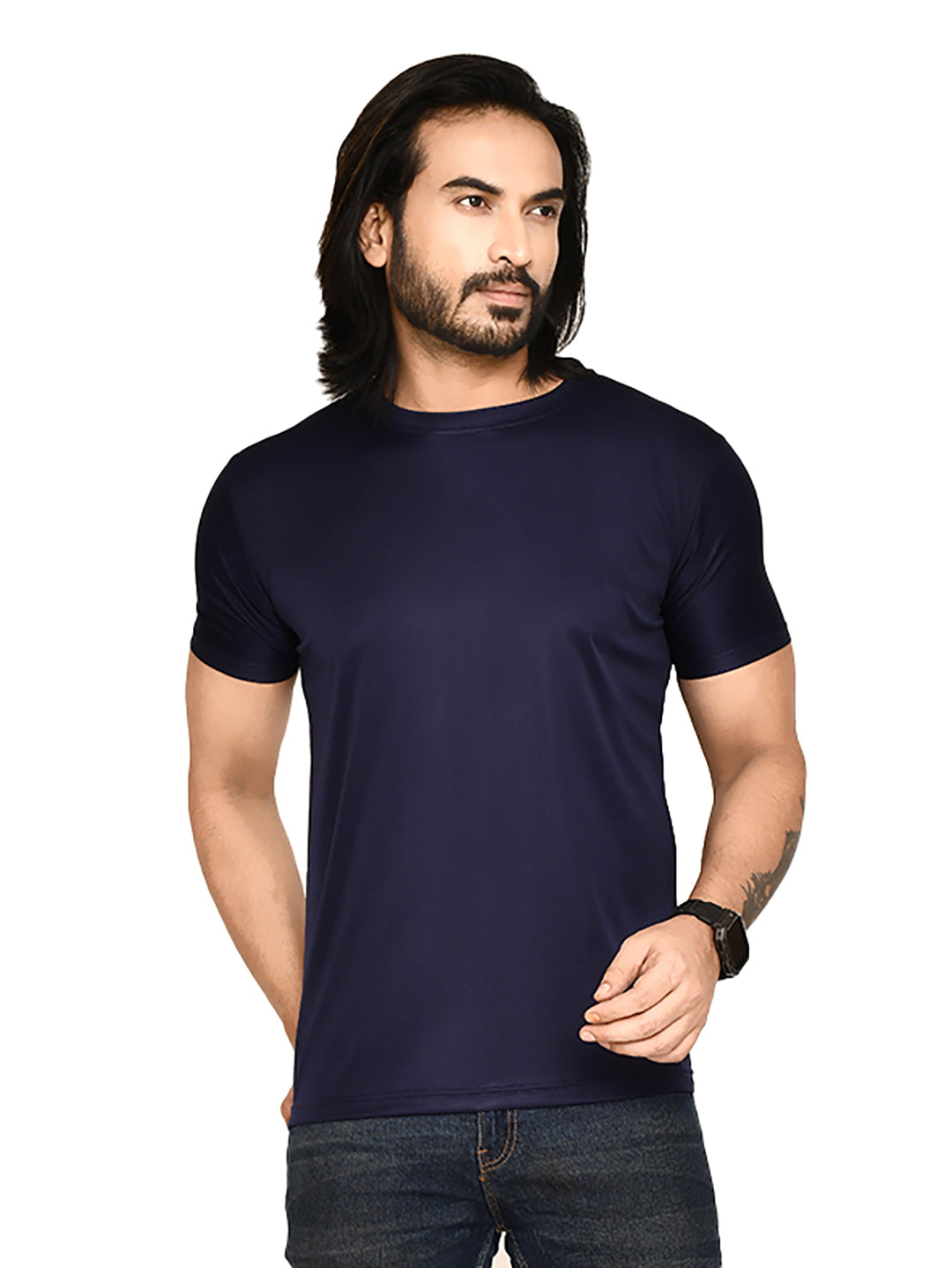 RAPL BHARAT Men's Casual Regular Fit Solid Pattern Round Neck Polyester T-shirt with Half Sleeve I Comfortable and Breathable Western Outfit (Color - Navy)