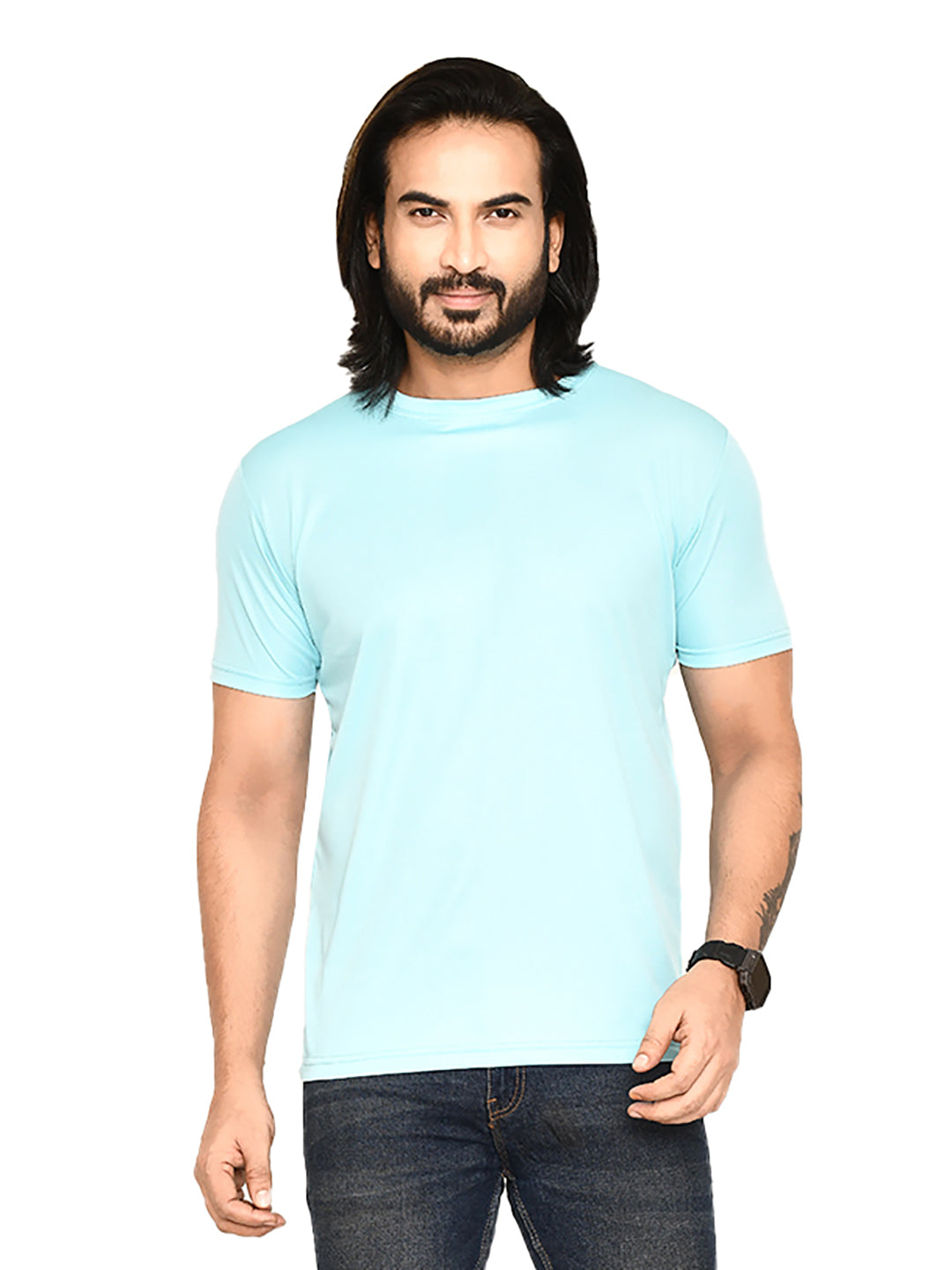 RAPL BHARAT Men's Casual Regular Fit Solid Pattern Round Neck Polyester T-shirt with Half Sleeve I Comfortable and Breathable Western Outfit  (Color - Powder Blue)