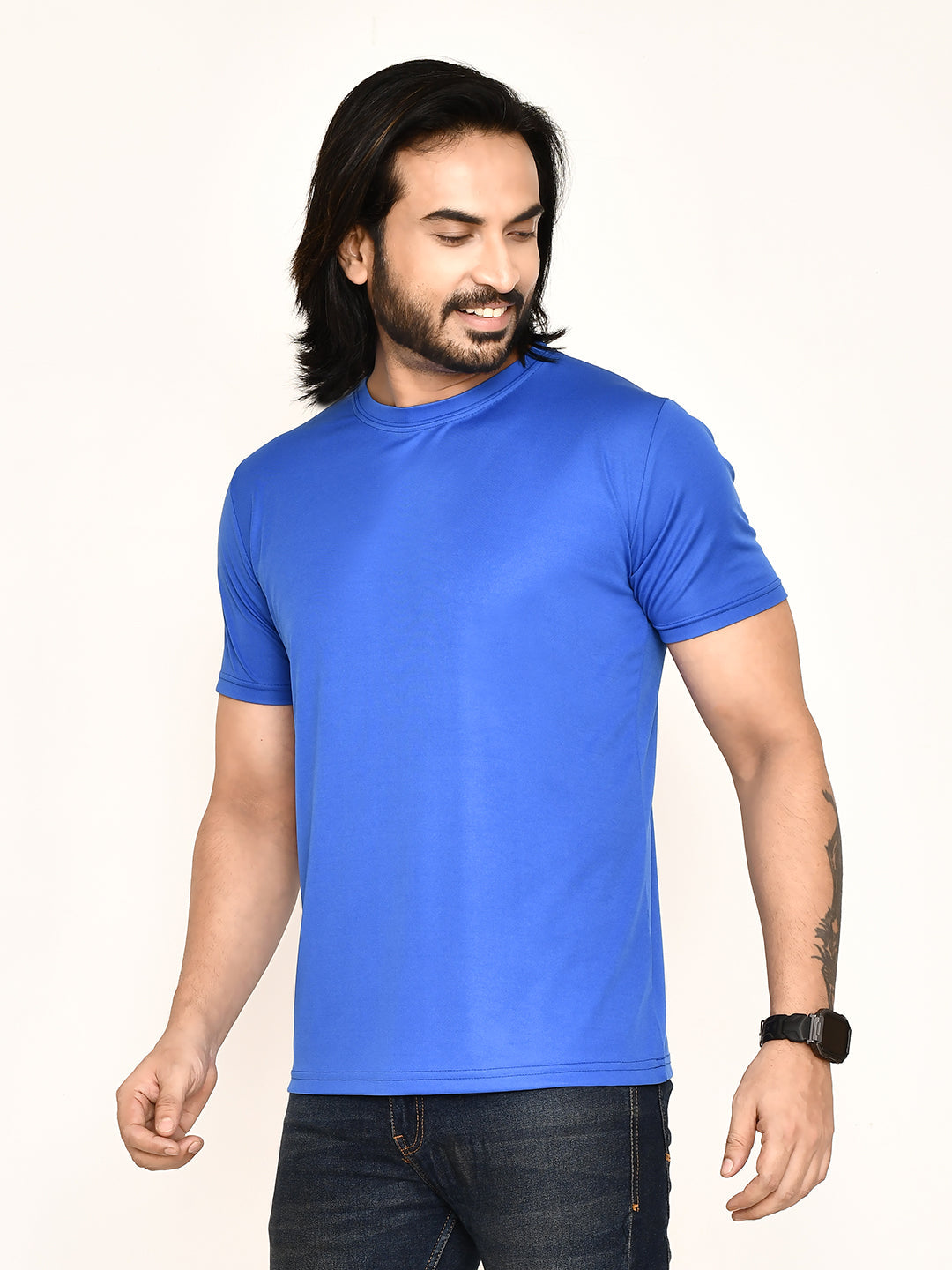 RAPL BHARAT Men's Casual Regular Fit Solid Pattern Round Neck Polyester T-shirt with Half Sleeve I Comfortable and Breathable Western Outfit (Color - Royal Blue)