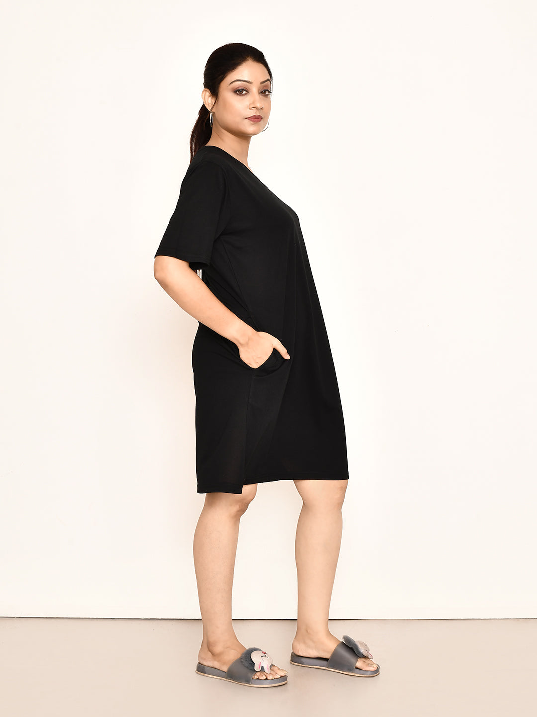 RAPL BHARAT Women's Casual Round Neck Cotton Top| Knee Length Solid Pattern T-shirt Dress  with Short Sleeves I Perfect Summer-Friendly Dress (Color - Black )