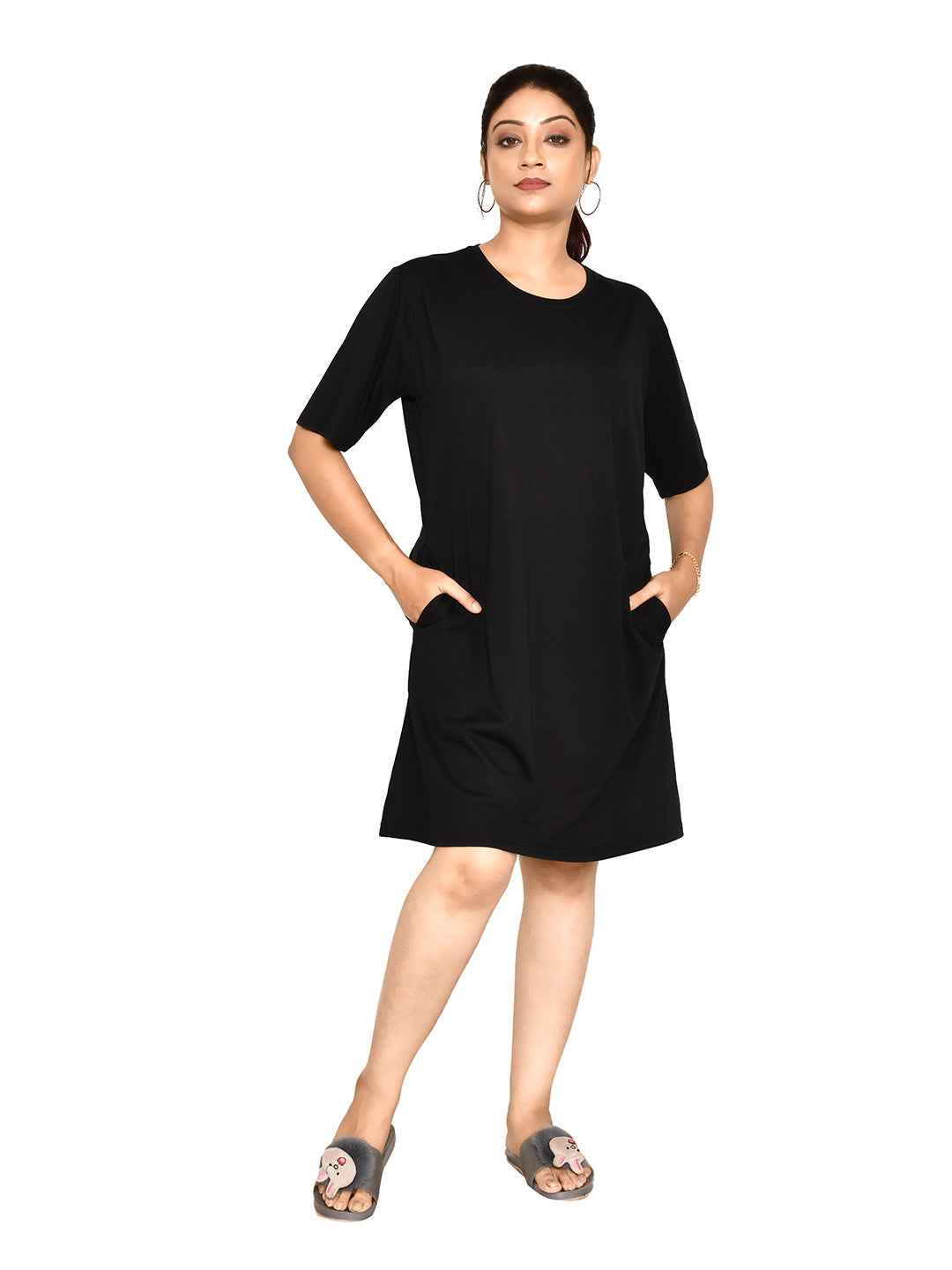 RAPL BHARAT Women's Casual Round Neck Cotton Top| Knee Length Solid Pattern T-shirt Dress  with Short Sleeves I Perfect Summer-Friendly Dress (Color - Black )