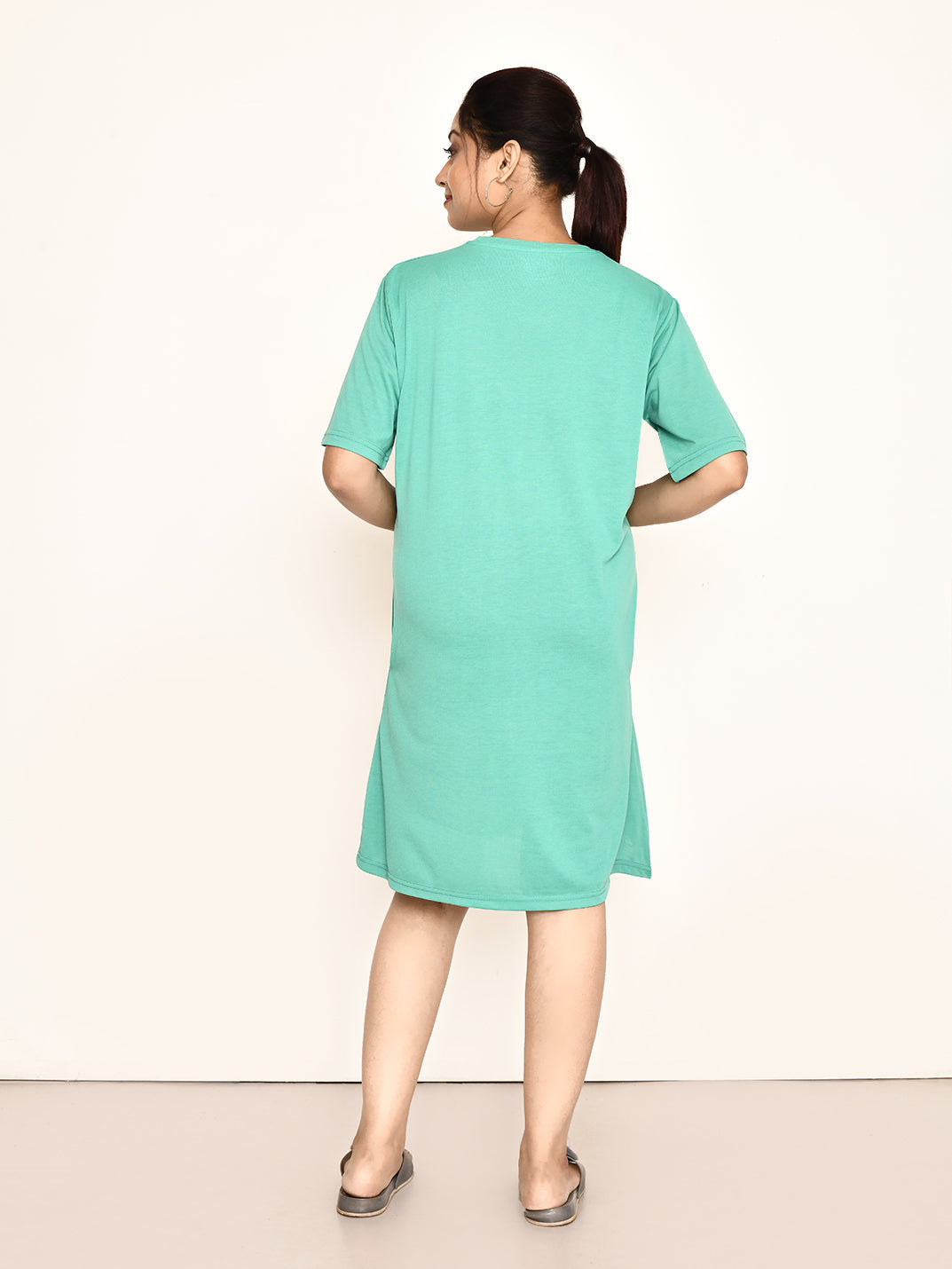 RAPL BHARAT Women's Casual Round Neck Cotton Top| Knee Length Solid Pattern T-shirt Dress  with Short Sleeves I Perfect Summer-Friendly Dress (Color - Green )