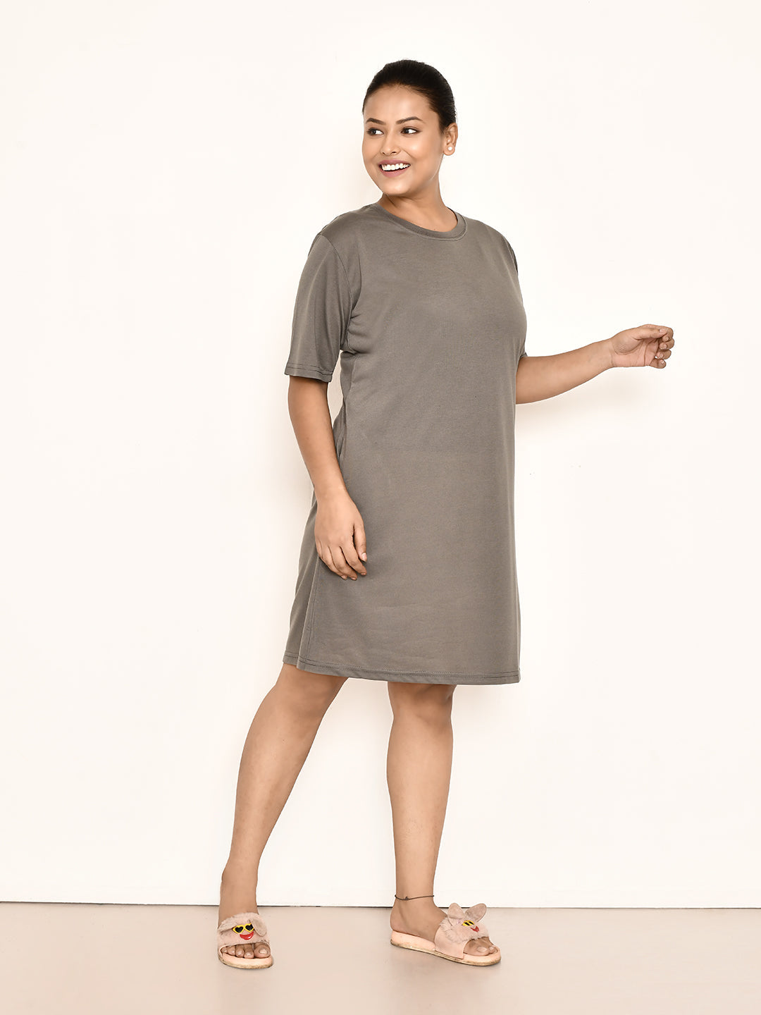 RAPL BHARAT Women's Casual Round Neck Cotton Top| Knee Length Solid Pattern T-shirt Dress  with Short Sleeves I Perfect Summer-Friendly Dress (Color - Grey )