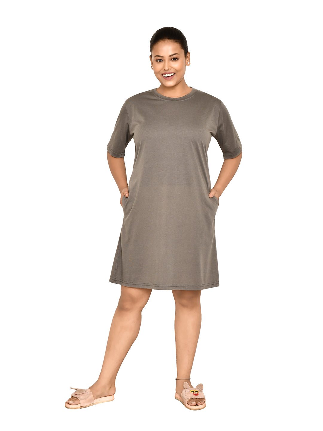 RAPL BHARAT Women's Casual Round Neck Cotton Top| Knee Length Solid Pattern T-shirt Dress  with Short Sleeves I Perfect Summer-Friendly Dress (Color - Grey )