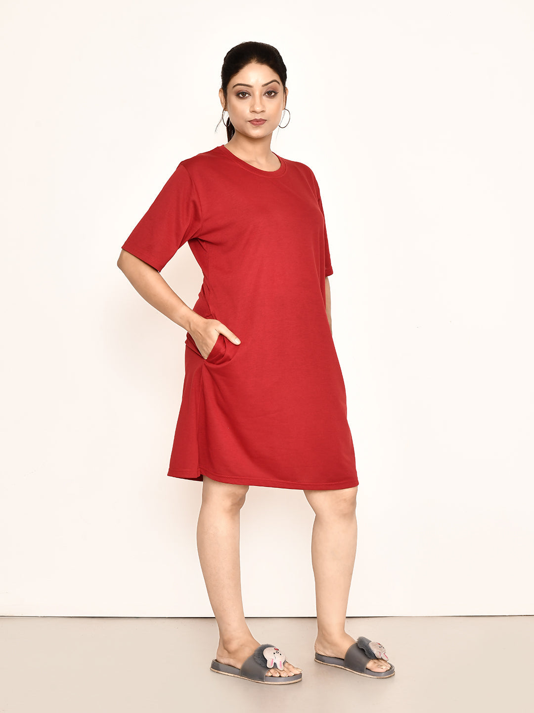 RAPL BHARAT Women's Casual Round Neck Cotton Top| Knee Length Solid Pattern T-shirt Dress  with Short Sleeves I Perfect Summer-Friendly Dress (Color - Maroon )