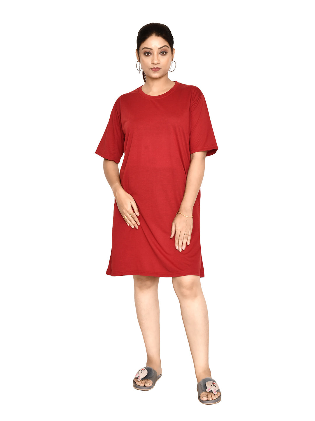 RAPL BHARAT Women's Casual Round Neck Cotton Top| Knee Length Solid Pattern T-shirt Dress  with Short Sleeves I Perfect Summer-Friendly Dress (Color - Maroon )