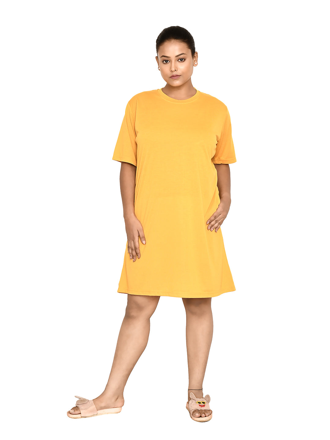 RAPL BHARAT Women's Casual Round Neck Cotton Top| Knee Length Solid Pattern T-shirt Dress  with Short Sleeves I Perfect Summer-Friendly Dress (Color - Mustard )