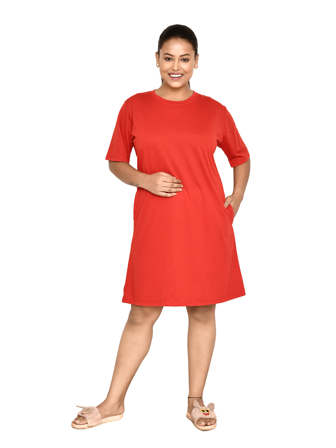 RAPL BHARAT Women's Casual Round Neck Cotton Top| Knee Length Solid Pattern T-shirt Dress  with Short Sleeves I Perfect Summer-Friendly Dress (Color - Red )