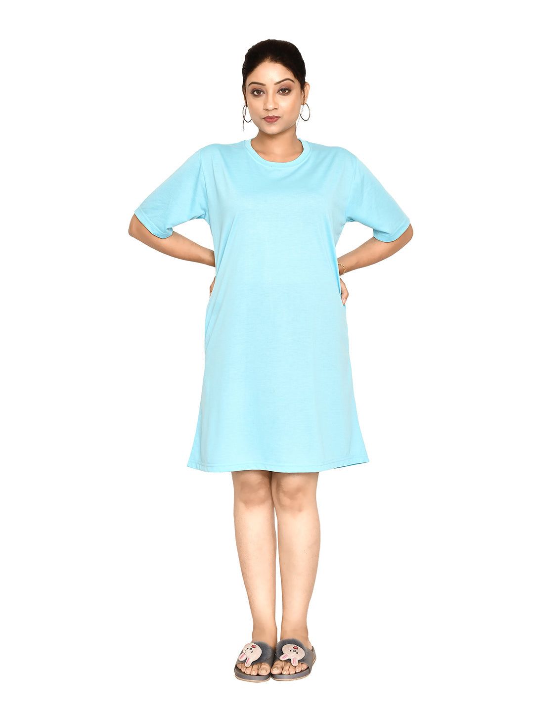 RAPL BHARAT Women's Casual Round Neck Cotton Top| Knee Length Solid Pattern T-shirt Dress  with Short Sleeves I Perfect Summer-Friendly Dress (Color - Sky Blue )