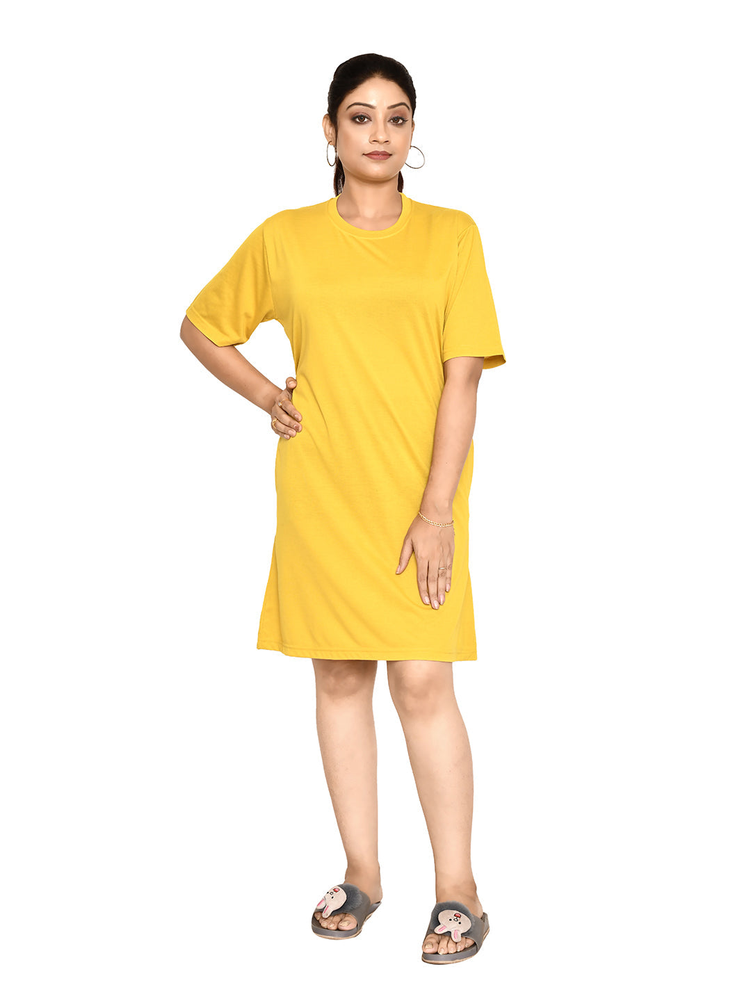 RAPL BHARAT Women's Casual Round Neck Cotton Top| Knee Length Solid Pattern T-shirt Dress  with Short Sleeves I Perfect Summer-Friendly Dress (Color - Light Yellow )