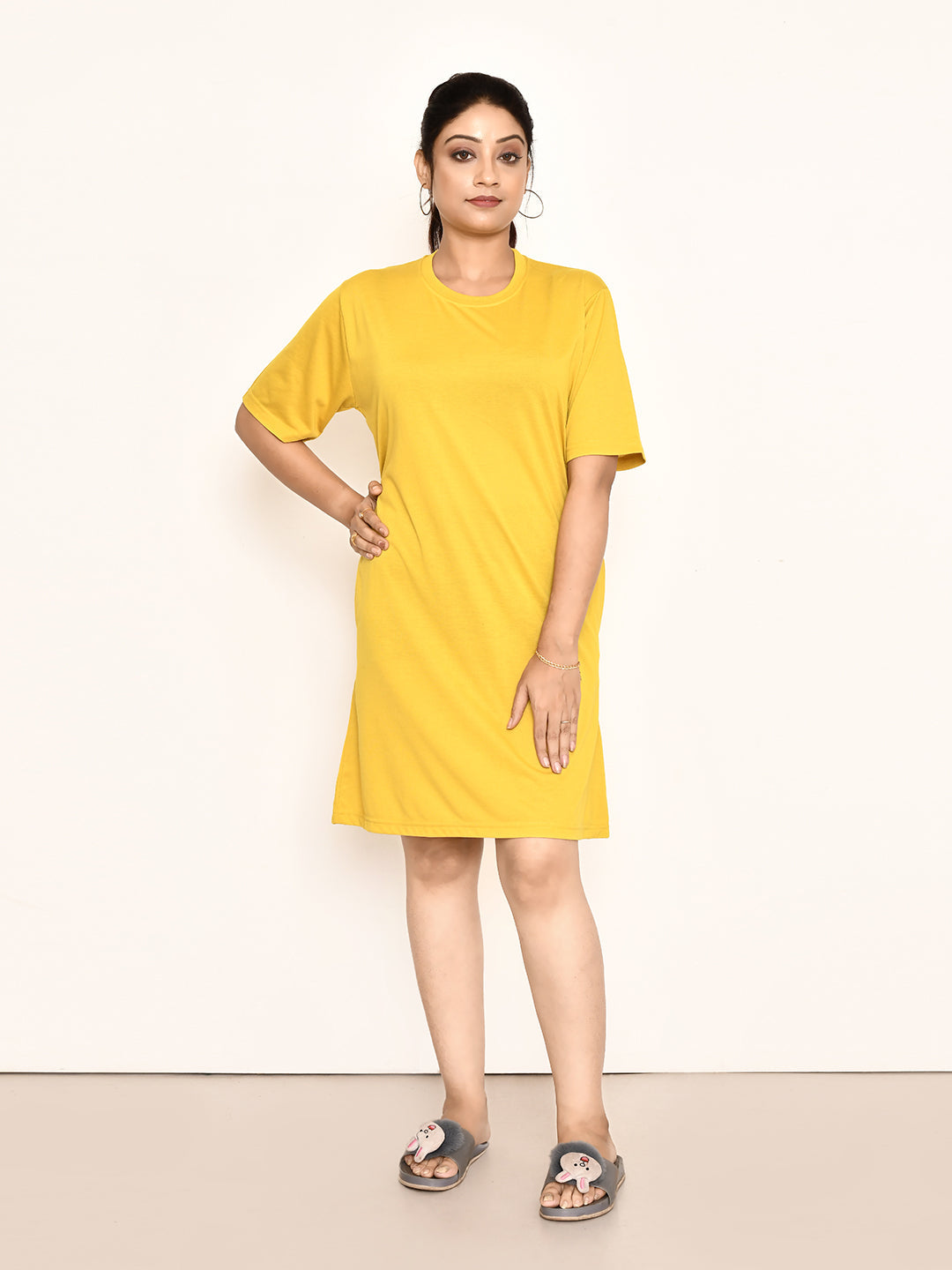 RAPL BHARAT Women's Casual Round Neck Cotton Top| Knee Length Solid Pattern T-shirt Dress  with Short Sleeves I Perfect Summer-Friendly Dress (Color - Light Yellow )