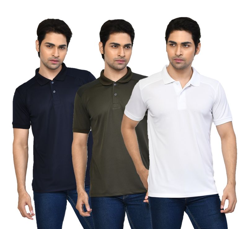 Men's Casual Regular Fit Solid Tshirts combo I Collared Neck I Half Sleeve Polo T-shirts  - Navy Blue, Algae green & White