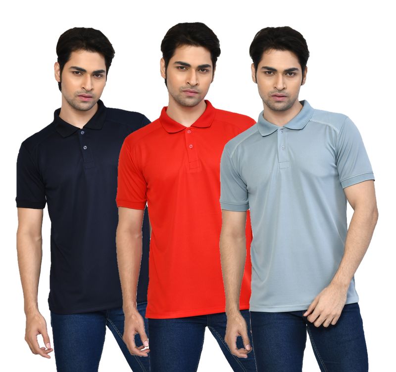 Men's Casual Regular Fit Solid Tshirts combo I Collared Neck I Half Sleeve Polo T-shirts  - Navy Blue, Berry Red & Light Grey