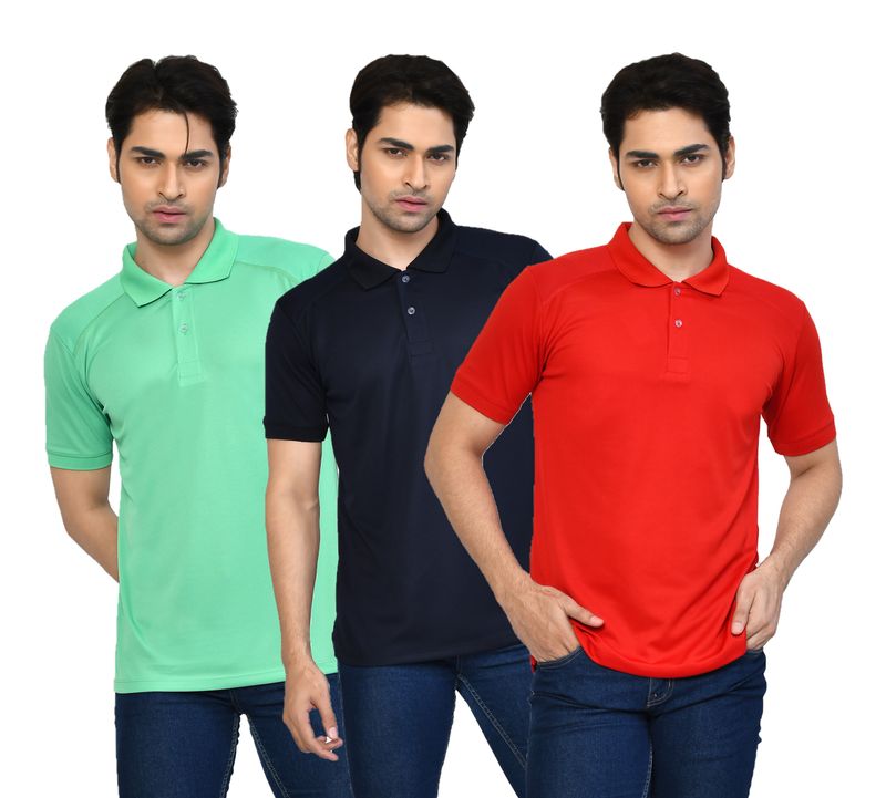 Men's Casual Regular Fit Solid Tshirts combo I Collared Neck I Half Sleeve Polo T-shirts  - Light Green, Navy Blue & Red